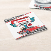 1950年のレトロダイナーティール（緑がかった色）/白/赤の誕生日パーティー スクエアペーパーコースター (アングル)