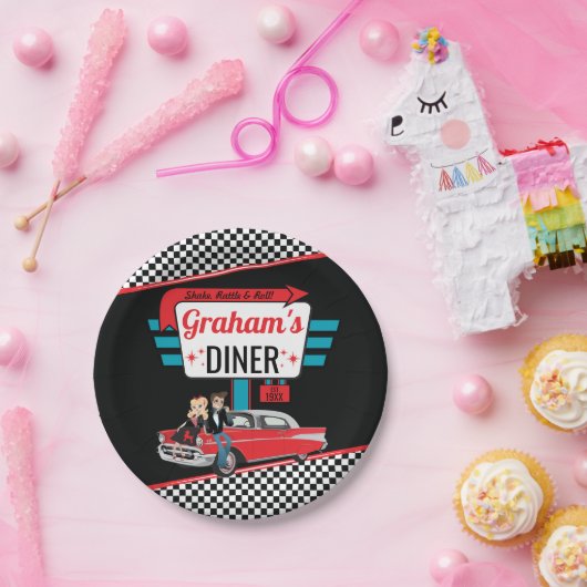 1950年のレトロダイナーブラック、ティール（緑がかった色）、赤い誕生日パーティー ペーパープレート (パーティー)