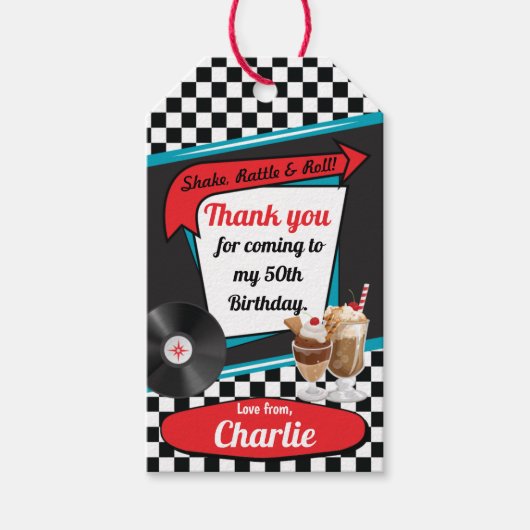 1950年のレトロダイナー誕生日パーティレッドティール(緑がかった色)のお願い ギフトタグ (正面)