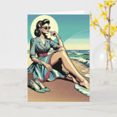 1950年のレトロ女性がビーチで靴を脱ぐ カード (黄色い花)