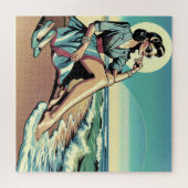 1950年のレトロ女性がビーチに座る ジグソーパズル (横)