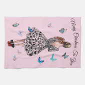 1950年の女性と蝶のクリスマスグリーティング キッチンタオル (横)