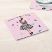 1950年の女性と蝶のクリスマスグリーティング スクエアペーパーコースター (アングル)