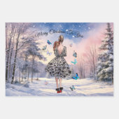 1950年の女性と蝶のクリスマスグリーティング ラッピングペーパーシート (正面2)