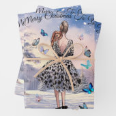 1950年の女性と蝶のクリスマスグリーティング ラッピングペーパーシート (インサイチュ)