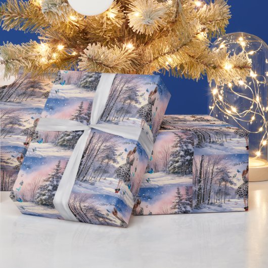 1950年の女性と蝶のクリスマスグリーティング ラッピングペーパー (クリスマス)