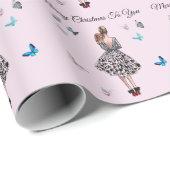 1950年の女性と蝶のクリスマスグリーティング ラッピングペーパー (ロールコーナー)