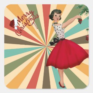 1950年クリスマスの女性の背景レトロ スクエアシール