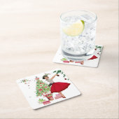 1950年クリスマスツリー付きクリスマスウーマン スクエアペーパーコースター (インサイチュ)