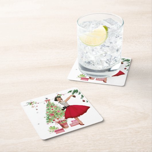 1950年クリスマスツリー付きクリスマスウーマン スクエアペーパーコースター (インサイチュ)