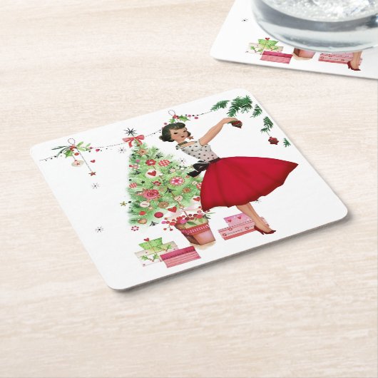 1950年クリスマスツリー付きクリスマスウーマン スクエアペーパーコースター (アングル)