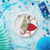 1950年クリスマスツリー付きクリスマスウーマン ペーパープレート (パーティー)