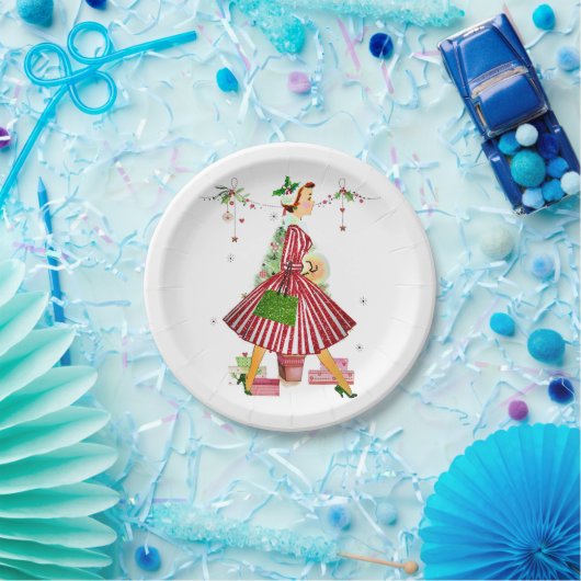 1950年クリスマスツリー付きクリスマスウーマン ペーパープレート (パーティー)