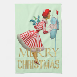 1950年クリスマスヴィンテージレディーメリークリスマス キッチンタオル