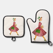 1950年クリスマスヴィンテージレディーメリークリスマス 鍋つかみ&鍋敷きセット (正面)