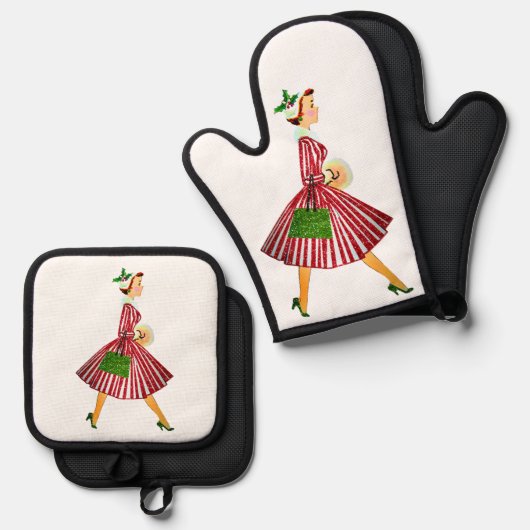 1950年クリスマスヴィンテージレディーメリークリスマス 鍋つかみ&鍋敷きセット (正面/裏面)