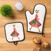 1950年クリスマスヴィンテージレディーメリークリスマス 鍋つかみ&鍋敷きセット (トップダウン)