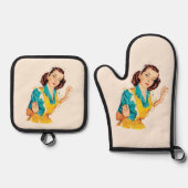 1950年パン作りの日 レトロなエプロンの女性 鍋つかみ&鍋敷きセット (正面)