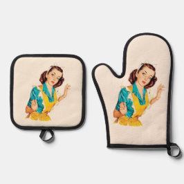 1950年パン作りの日 レトロなエプロンの女性 鍋つかみ&鍋敷きセット