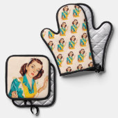 1950年ベーキングデー　ビンテージのエプロン姿の女性 鍋つかみ&鍋敷きセット (正面/裏面)