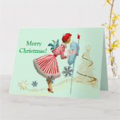 1950年ヴィンテージのクリスマスの女性とギフト カード (黄色い花)