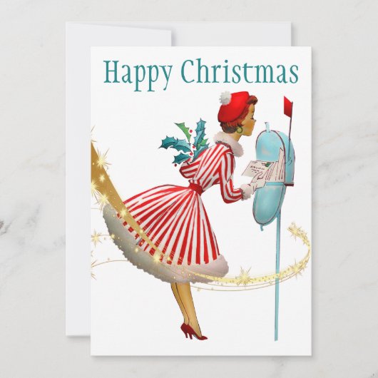 1950年ヴィンテージのクリスマスの女性とギフト シーズンカード (正面)