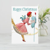 1950年ヴィンテージのクリスマスの女性とギフト シーズンカード (スタンド正面)