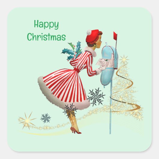 1950年ヴィンテージのクリスマスの女性とギフト スクエアシール (正面)