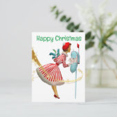 1950年ヴィンテージのクリスマスの女性とギフト ポストカード (スタンド正面)