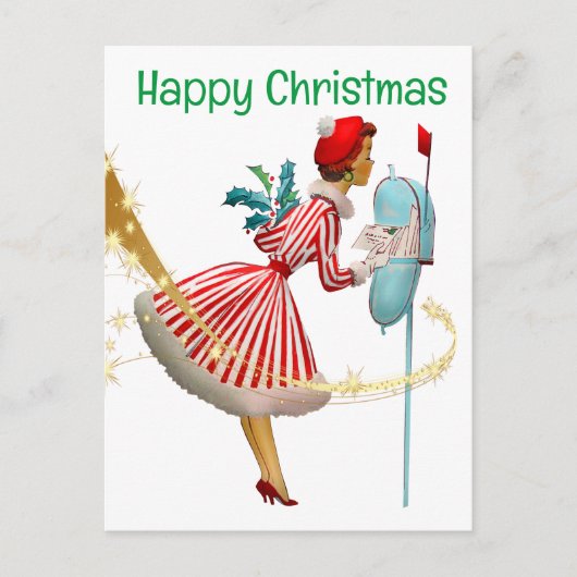 1950年ヴィンテージのクリスマスの女性とギフト ポストカード (正面)
