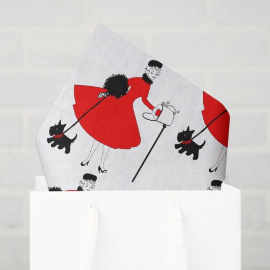 1950年ヴィンテージのクリスマスレディと犬のラッピング紙 薄葉紙 (ギフトバッグ)