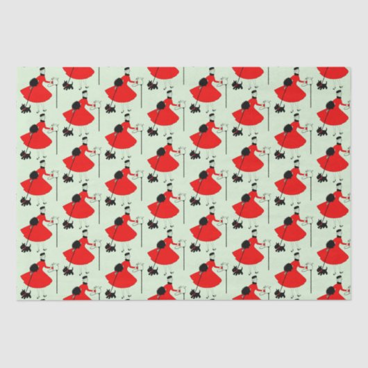 1950年ヴィンテージのクリスマスレディと犬のラッピング紙 薄葉紙 (正面)