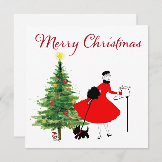 1950年ヴィンテージクリスマスレディと犬 シーズンカード (正面/裏面)