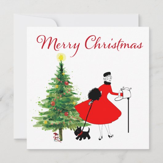 1950年ヴィンテージクリスマスレディと犬 シーズンカード (正面)