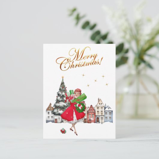 1950年ヴィンテージレディークリスマスショッピング シーズンポストカード (スタンド正面)