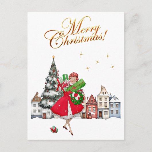 1950年ヴィンテージレディークリスマスショッピング シーズンポストカード (正面)