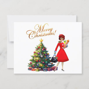 1950年ヴィンテージレディークリスマスショッピング ポストカード