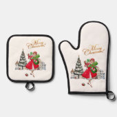 1950年ヴィンテージレディークリスマスショッピング 鍋つかみ&鍋敷きセット (正面)