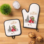 1950年ヴィンテージレディークリスマスショッピング 鍋つかみ&鍋敷きセット (トップダウン)