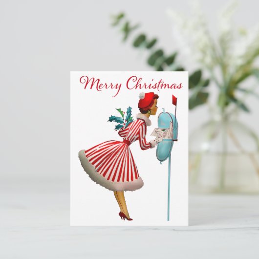1950年ヴィンテージレディーチェッキングクリスマスメール ポストカード (スタンド正面)