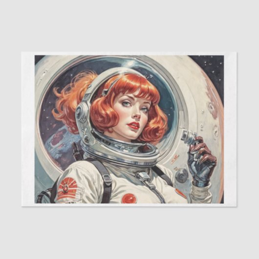 1950年代に月に向かう赤い宇宙飛行士の女性 薄葉紙 (正面)