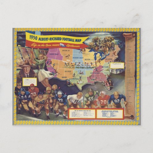 1950年代のアメリカンフットボールのヴィンテージ地図 ポストカード (正面)