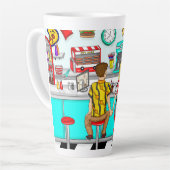 1950年代のカップルがダイナーで手を握り カフェラテマグ (左アングル)