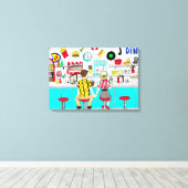 1950年代のカップルがダイナーで手を握り キャンバスプリント (インサイチュ (ウッドフロア))