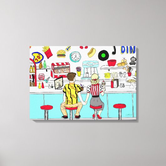 1950年代のカップルがダイナーで手を握り キャンバスプリント (正面)