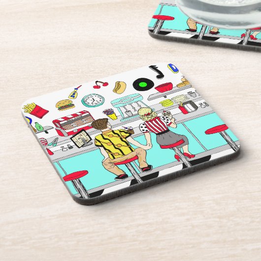 1950年代のカップルがダイナーで手を握り コースター (左側)