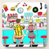 1950年代のカップルがダイナーで手を握り コースター (正面)