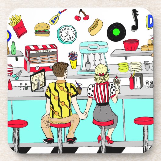 1950年代のカップルがダイナーで手を握り コースター (正面)