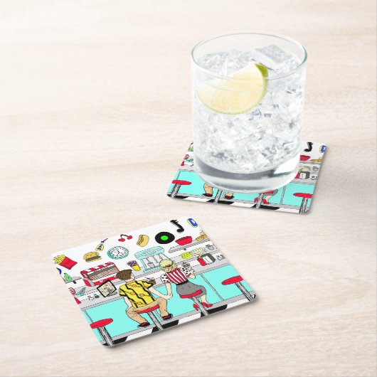 1950年代のカップルがダイナーで手を握り スクエアペーパーコースター (インサイチュ)