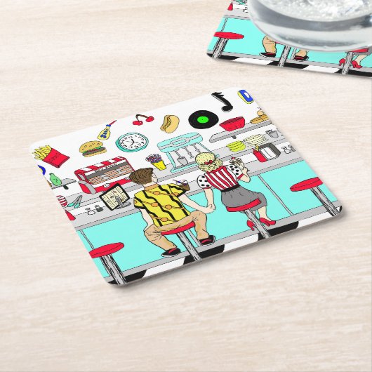 1950年代のカップルがダイナーで手を握り スクエアペーパーコースター (アングル)